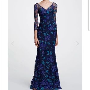 Marchesa Notte 3/4 sleeve V Neck Floral Navy Gown
